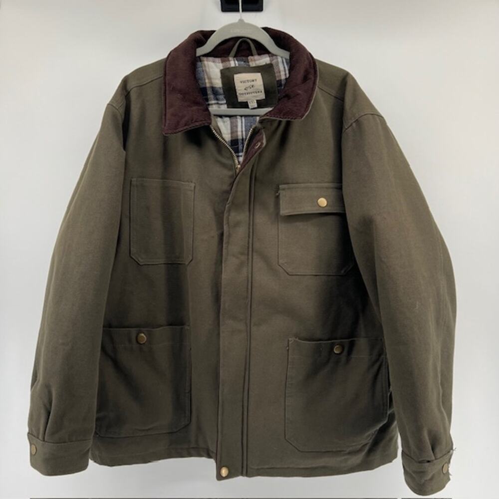 Victory Outfitters Canvas Chore Jacket Mens XXL Army Green Plaid Lined Corduroy